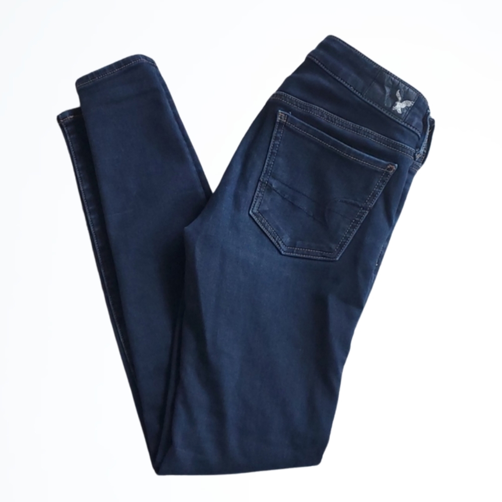 American Eagle Dark Wash Super Stretch   Blue Jean Jeggings Distressed Size 0